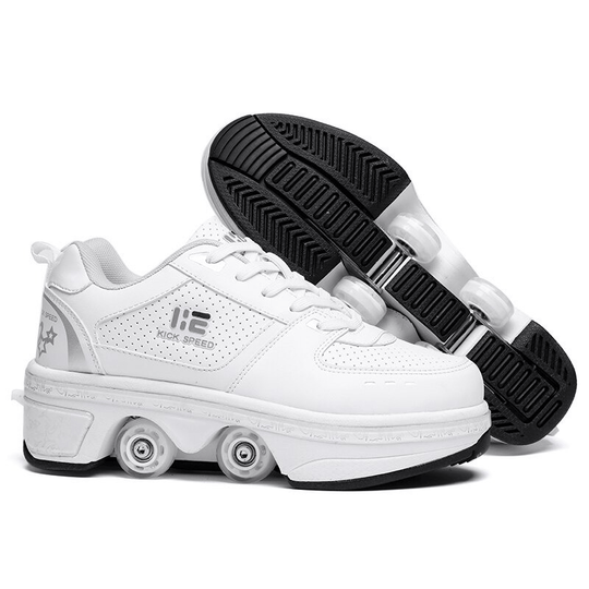 Kick Speed white roller skate shoes, low top, retractable wheels, clean background