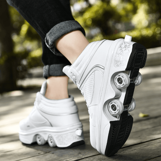 woman wearing white low top roller shoes, Kick Speed sneakers, outdoor skating photo