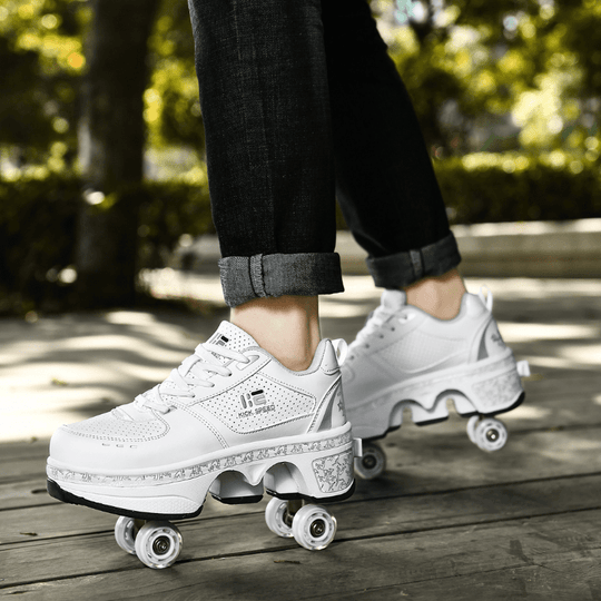 woman walking in white Kick Speed roller shoes, casual outdoor photo, shoes with wheels for women