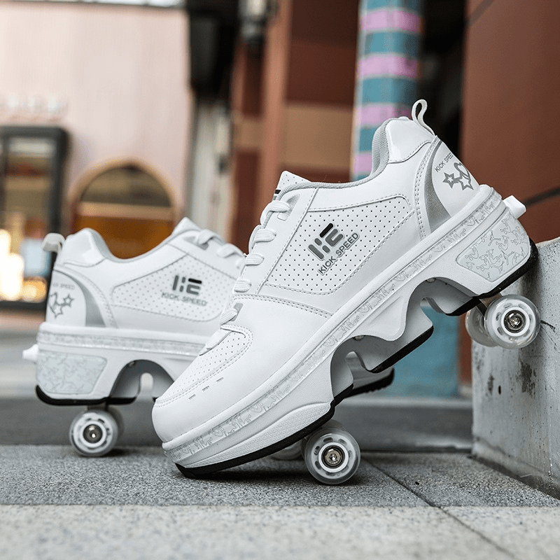 pair on pavement, white roller shoes, low top design, outdoor lifestyle