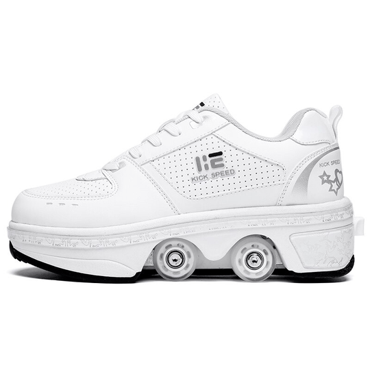 white roller shoes side profile, Kick Speed logo, four wheel retractable system