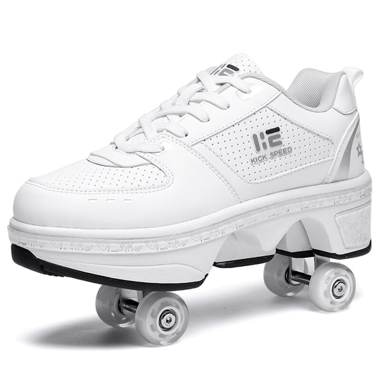 side view of Kick Speed white roller skate shoes, retractable wheels visible, product image