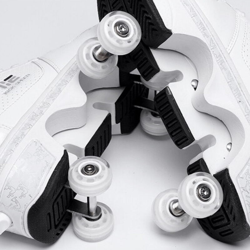 close-up view of retractable wheel system under Kick Speed white roller skate shoes, showing sole and wheel detail
