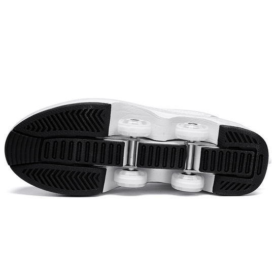 bottom view of Kick Speed Original MID white 7 led shoes, showing retractable wheels and anti slip sole