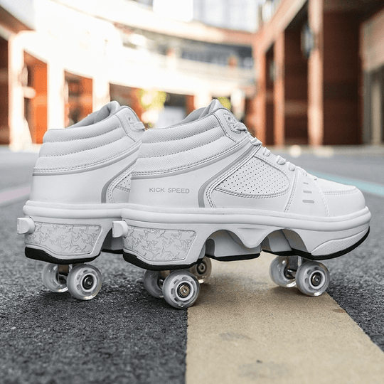 white roller skate sneakers with led lights by Kick Speed Original MID, stylish shoes with retractable wheels on pavement