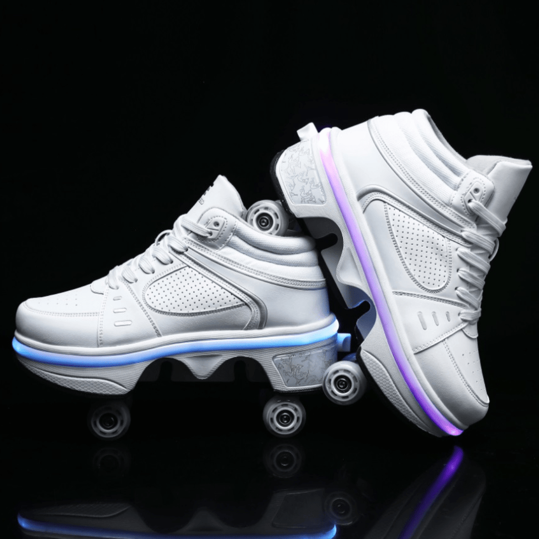 studio photo of Kick Speed Original MID white roller shoes glowing in purple light, best gift for kids and teens