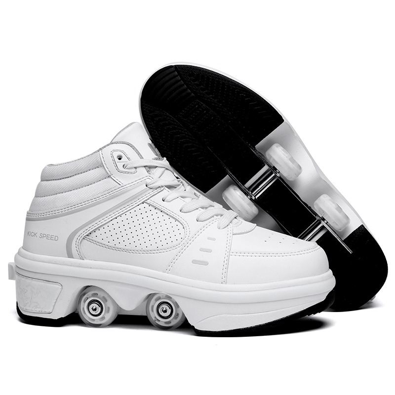 Kick Speed Original MID white roller shoes side shot, lightweight led sneakers with pop up wheels for kids and adults