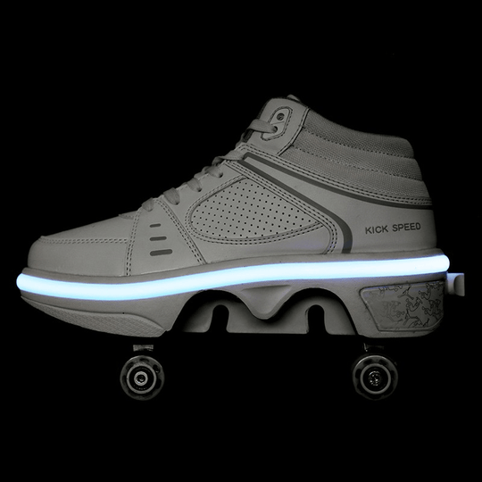 Kick Speed white roller skate shoes with blue LED, rechargeable shoes with pop up wheels