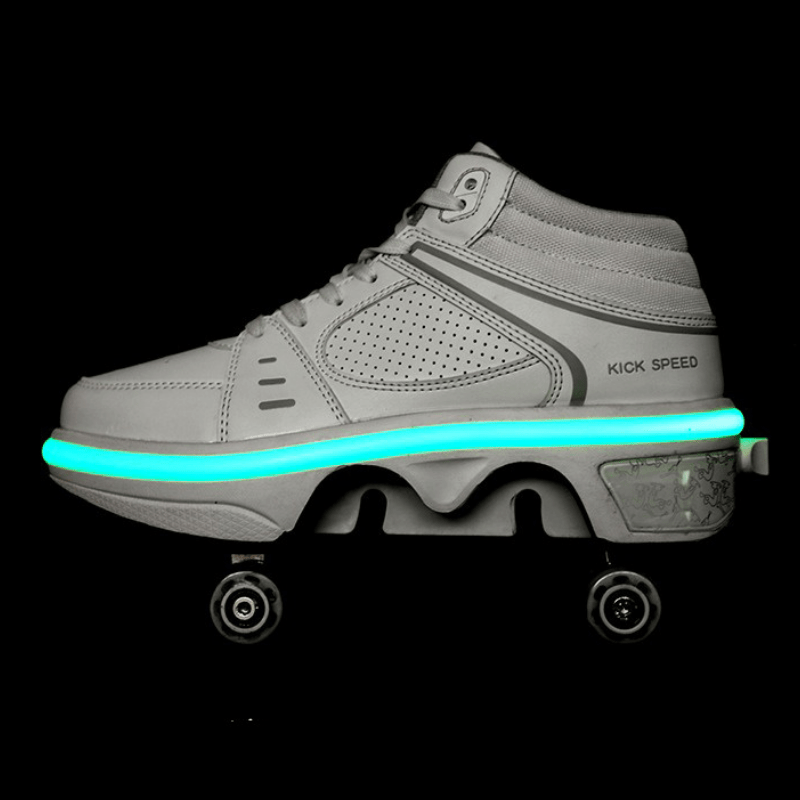 Kick Speed white led roller sneakers glowing green, rechargeable shoes with pop up wheels