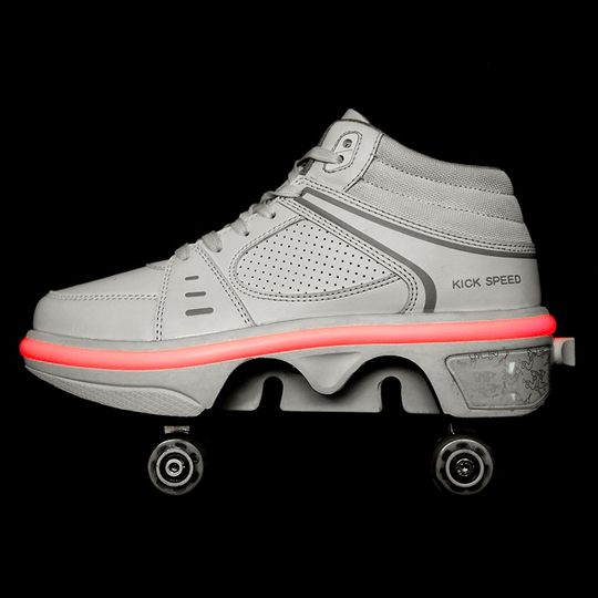 Kick Speed Original white led roller shoes glowing red, rechargeable sneakers with pop up wheels