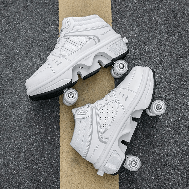 top  view of Kick Speed Original MID white roller shoes on asphalt, sporty sneakers with wheels for outdoor skating