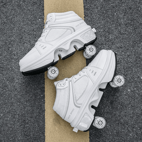 top  view of Kick Speed Original MID white roller shoes on asphalt, sporty sneakers with wheels for outdoor skating