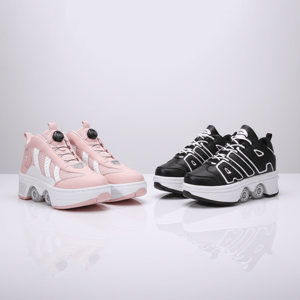 Kick Speed roller skate shoes without LED lights in pink and black, 4-wheel pop-out shoes designed for comfort, balance, and daily skating
