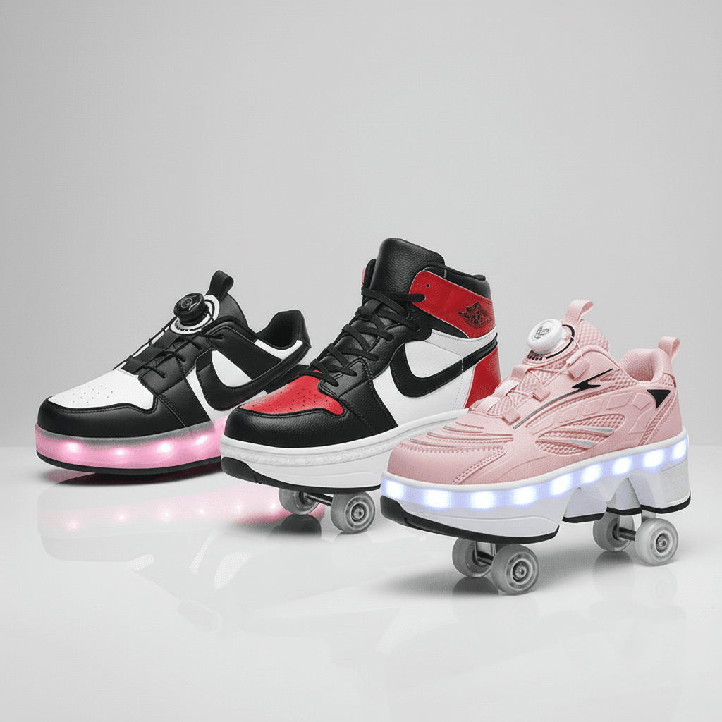 Kick Speed Roller Skate Shoes, black and red mid-top, black and white low-top, and pink LED 4-wheel roller shoes displayed together on white background