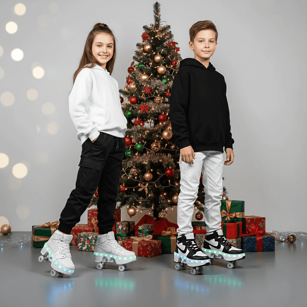 two kids wearing Kick Speed LED 4-wheel roller skate shoes, posing in a festive Christmas setup — the best Christmas gifts for kids and adults