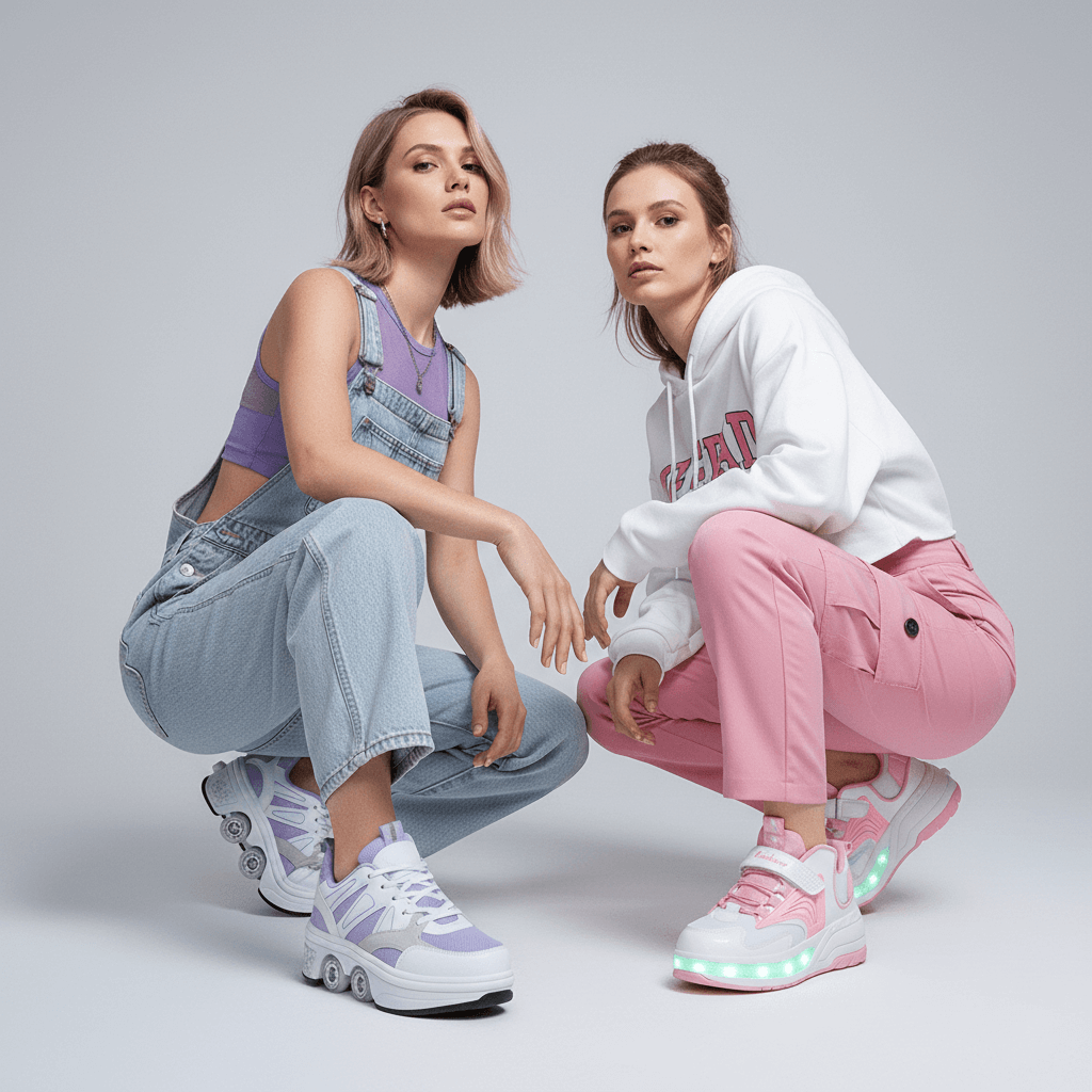 two women wearing Kick Speed Roller Shoes with Wheels — pink LED roller shoes and lavender 4-wheel sneakers, trendy footwear for active women