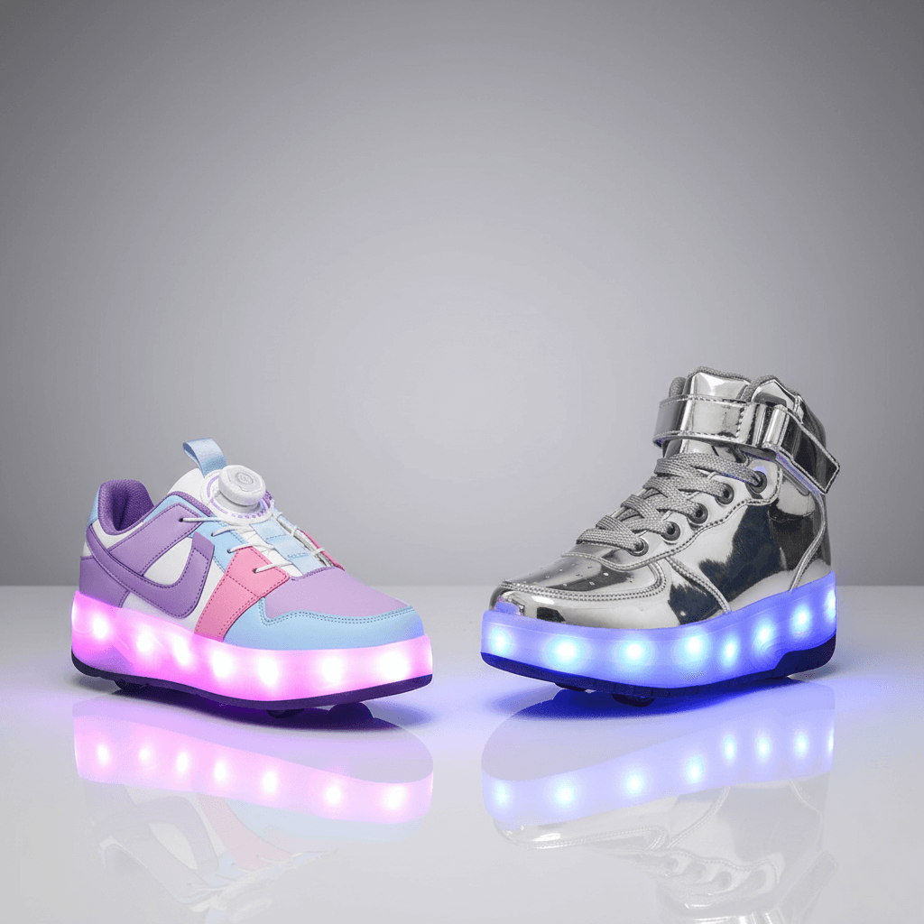 Kick Speed Heel Wheel Roller Shoes with LED light up shoes with detachable heel wheels in pink-purple and metallic silver designs for kids and adults