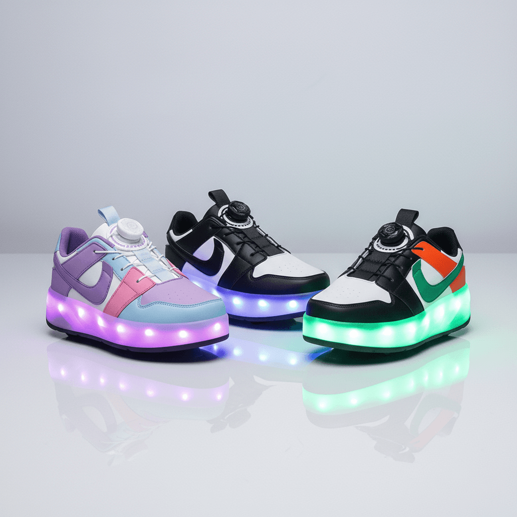 low top Kick Speed LED Heel Wheel Shoes in pastel purple, black-white, and green-orange designs, light-up roller shoes with retractable wheels for kids, teens, and adults.