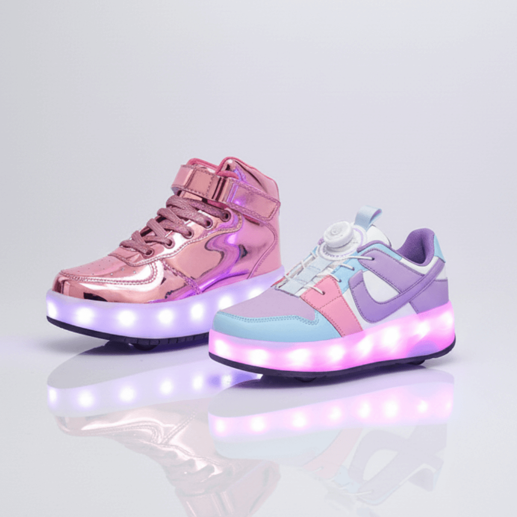 Kick Speed LED Heel Wheel Shoes in metallic pink and pastel purple designs, light-up roller shoes with retractable heel wheels for kids, teens, and adults
