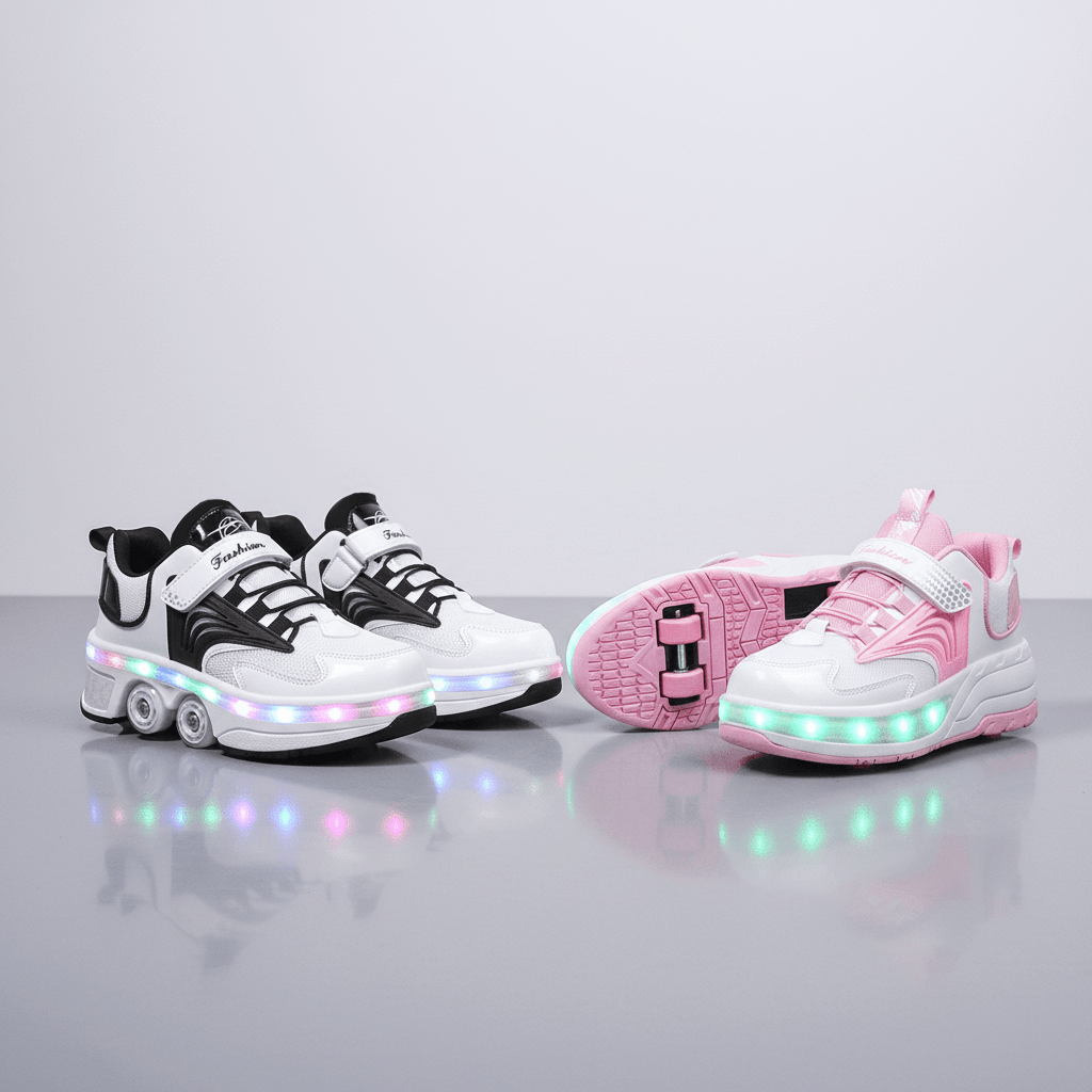 Kick Speed low-top shoes with wheels in black and pink, retractable LED roller sneakers for kids and adults with smooth pop-out wheel system