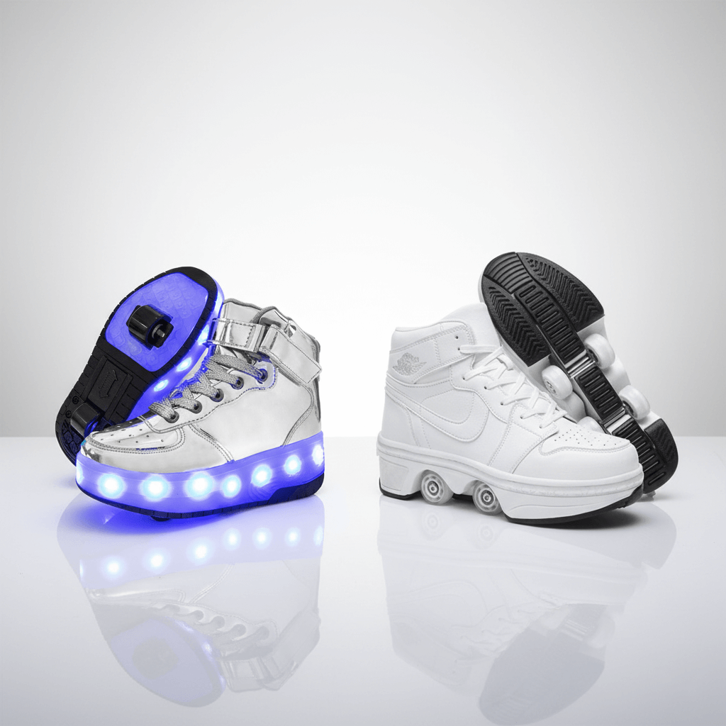 Kick Speed mid-top shoes with wheels in metallic silver and white, featuring retractable and LED pop-out wheels for smooth skating and walking