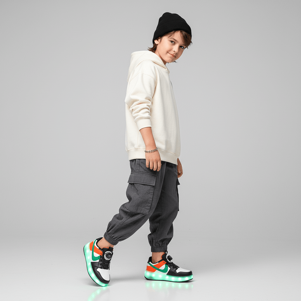 boy wearing Kick Speed LED Heel Wheel Shoes in black, white, and orange, light-up roller shoes with retractable wheels for boys and kids