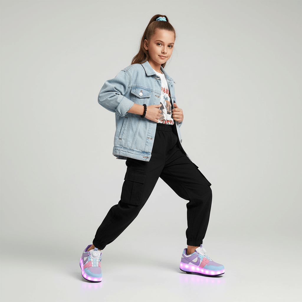 girl wearing Kick Speed LED Heel Wheel Shoes in pastel purple and pink, light-up roller shoes with retractable wheels for kids