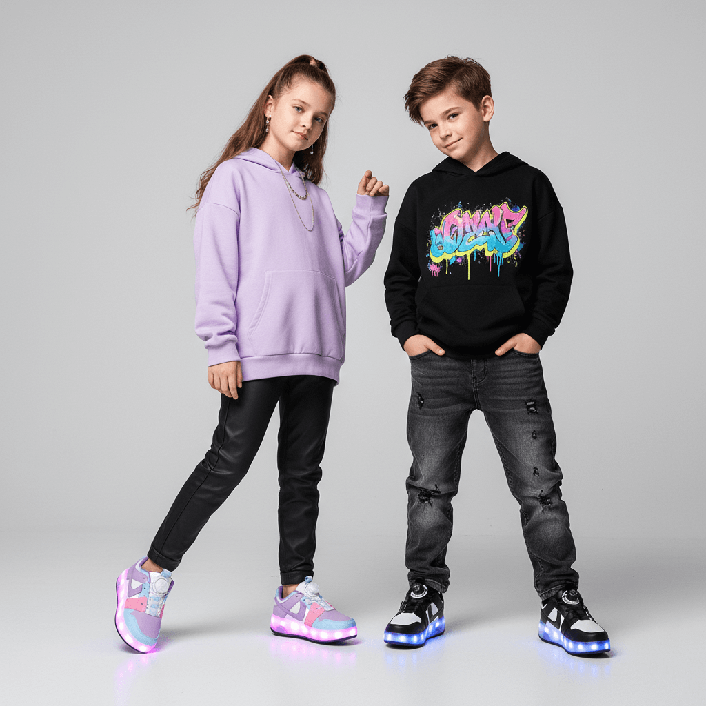 kids wearing Kick Speed Heel Wheel Shoes with LED lights, roller shoes with retractable wheels for boys and girls
