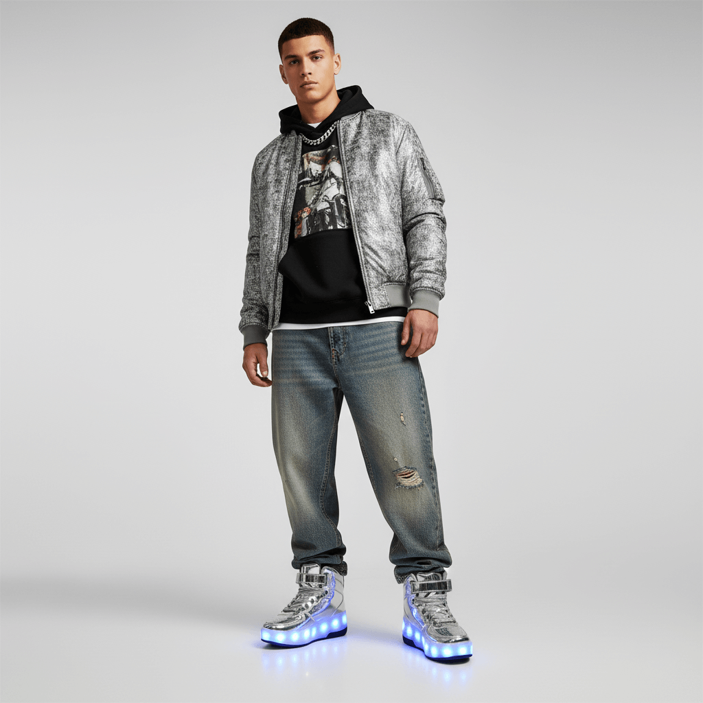 male model wearing Kick Speed LED Heel Wheel Shoes for men in metallic silver, light-up roller shoes with smooth retractable wheels for everyday movement