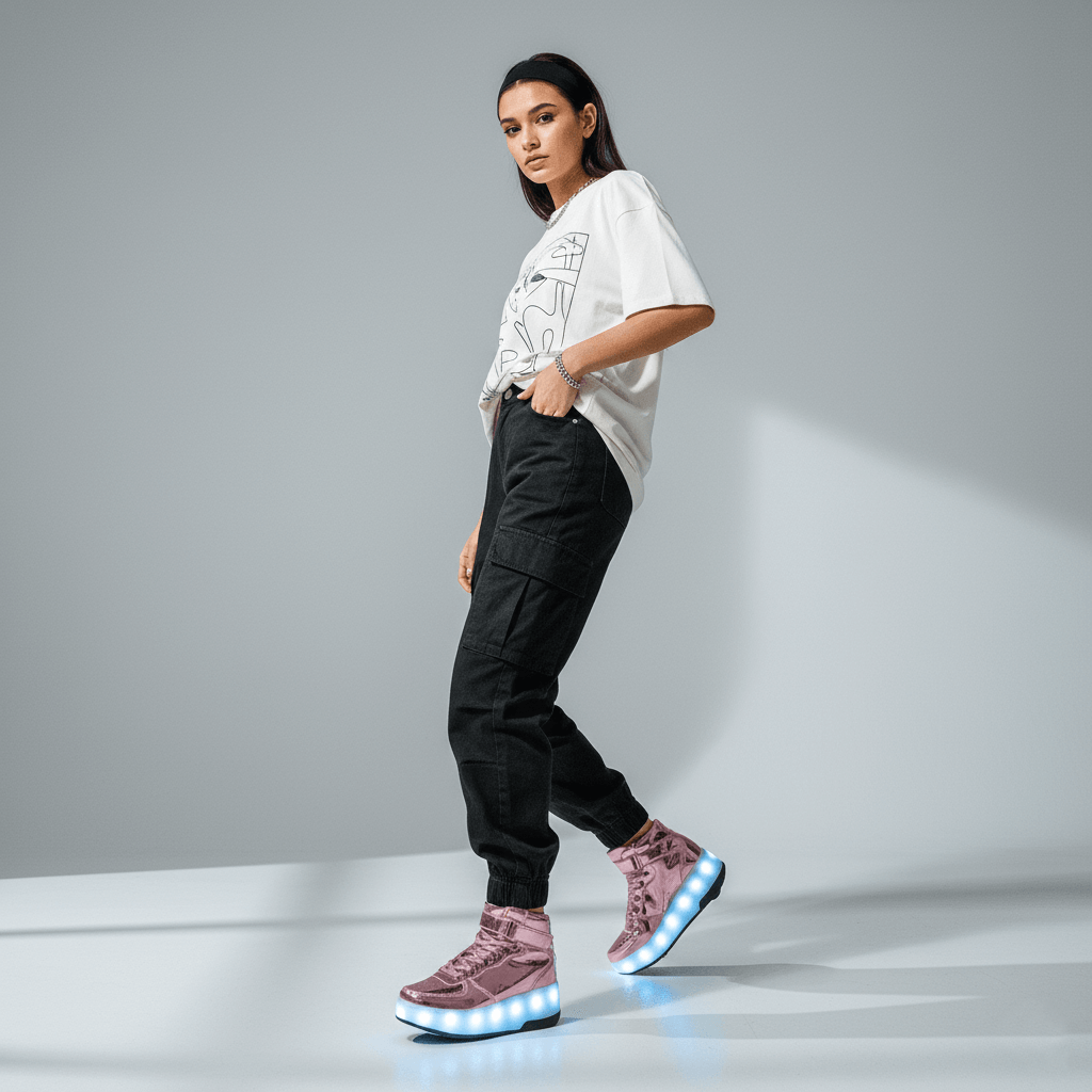 woman wearing pink Kick Speed LED Heel Wheel Shoes, light-up roller shoes with smooth detachable wheels, heelys style