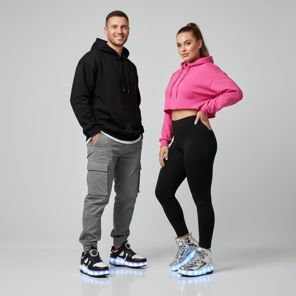 man and woman wearing Kick Speed LED Heel Wheel Shoes, light-up roller shoes for adults with smooth detachable wheels for fast and comfortable everyday movement.
