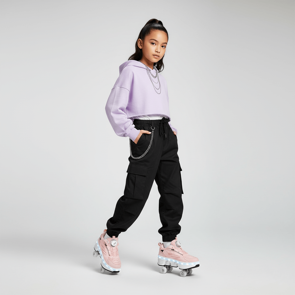 girl wearing pink Kick Speed 4-Wheel Roller Shoes with retractable wheels, standing in black cargo pants and lavender hoodie. LED roller skate shoes for girls