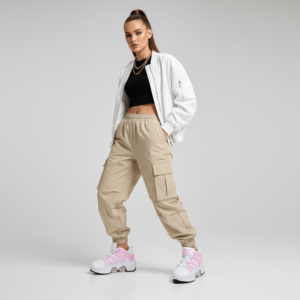 stylish woman wearing pink and white Kick Speed 4 wheel roller skate shoes with retractable wheels, posing in a sporty outfit on a ligh studio background