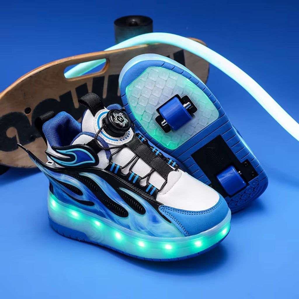 Blue LED roller shoes with twist lock fastening and dual wheel setup