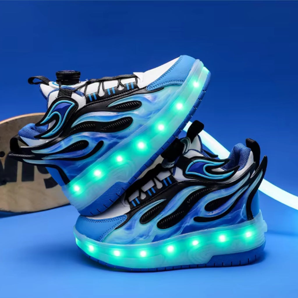 Blue flame roller shoes with lights and removable skate wheels