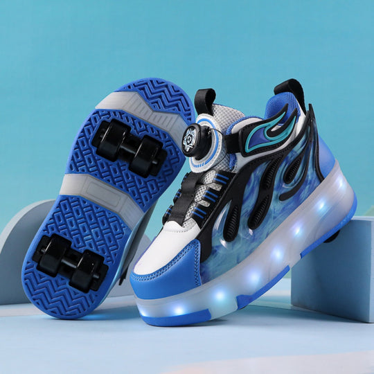 Blue shoes with wheels for kids with front and rear wheel system