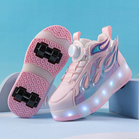Pink LED roller sneakers with detachable front and heel wheels
