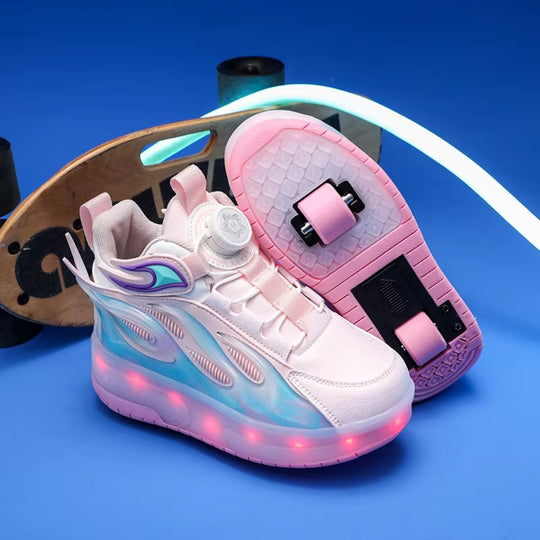 Pink roller shoes with LED sole and heel wheel design