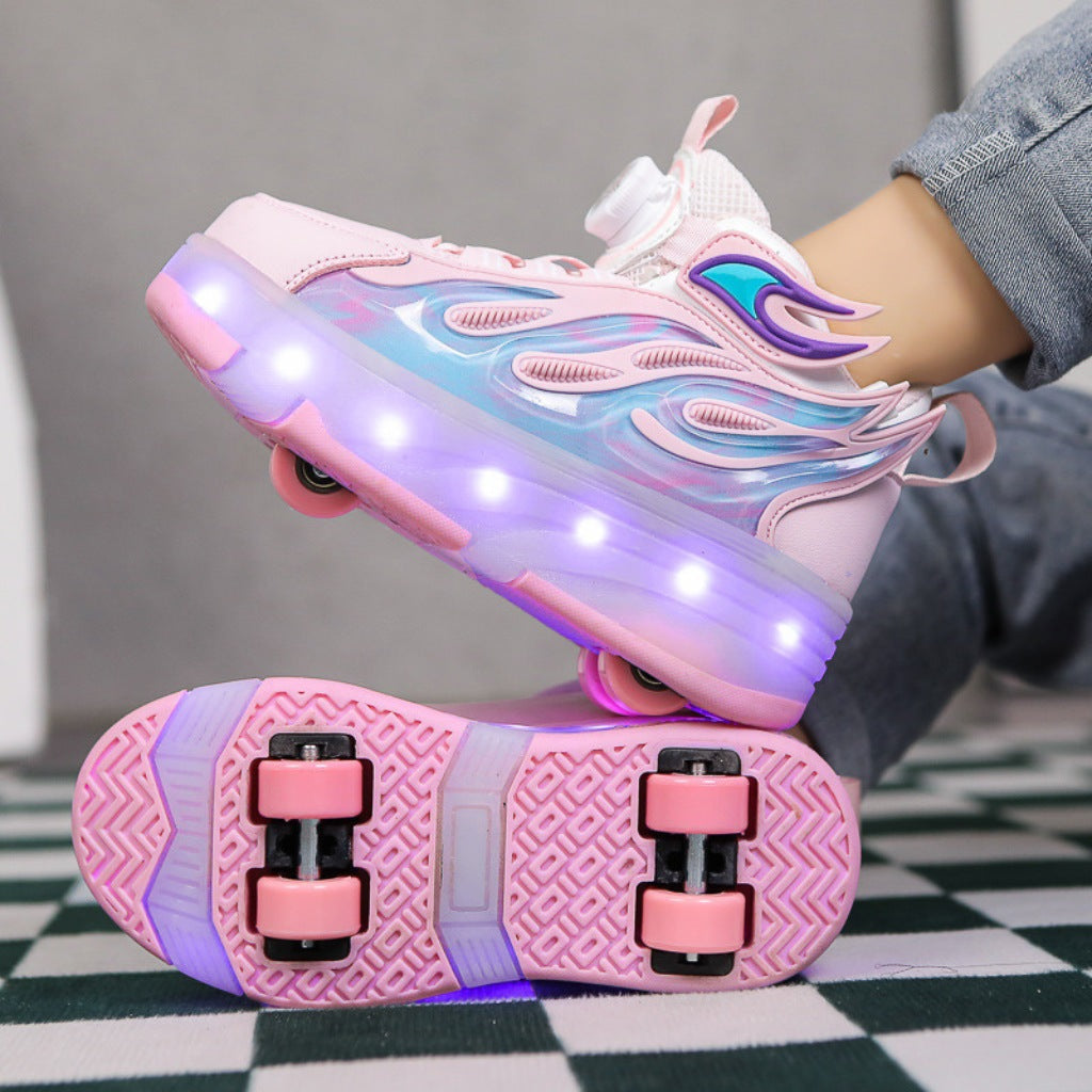Pink Kick Speed shoes with wheels showing front and rear detachable wheel setup