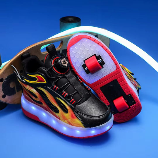 Red Kick Speed shoes with wheels and illuminated sole for skating