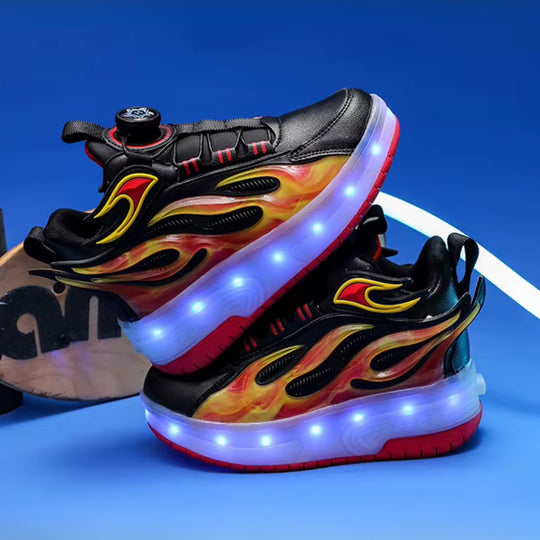 Black LED wheel shoes stacked side view with sporty flame design