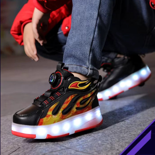 Kid wearing black LED roller shoes with heel wheels outdoors