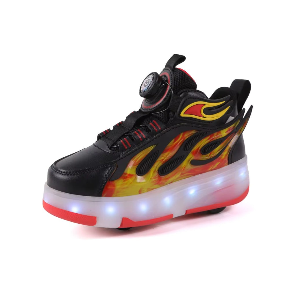 Kick Speed black and red flame roller shoes with wheels and LED sole