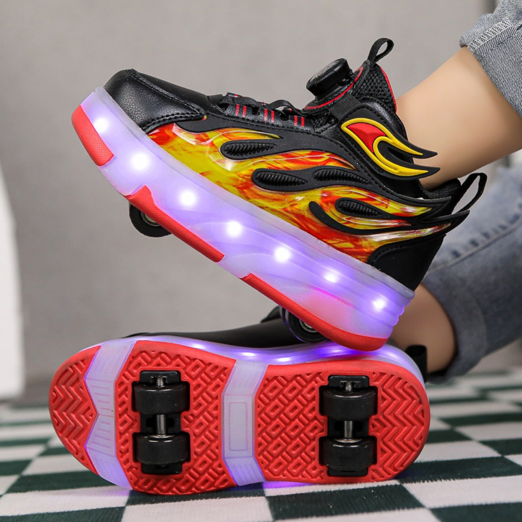 Red flame heel wheel roller shoes with glowing LED midsole
