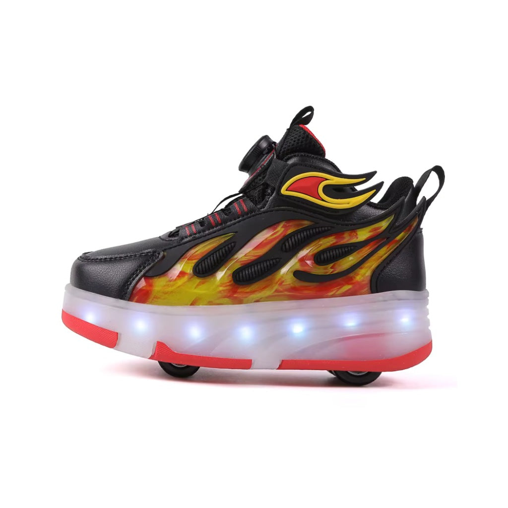 Black and red flame heel wheel shoes with LED sole side view