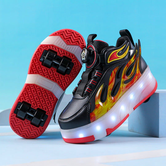 Black and red Kick Speed heel wheel shoes with manual wheel system