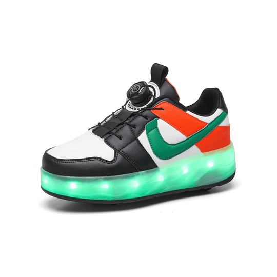 Black orange and green LED heel wheel roller shoes with wheels for kids and adults, Kick Speed Kick Air LOW