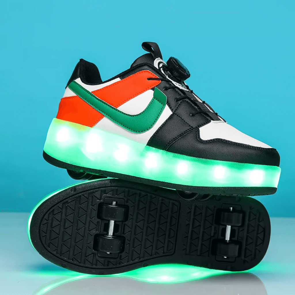Orange and green heel wheel roller shoes with LED lights for kids