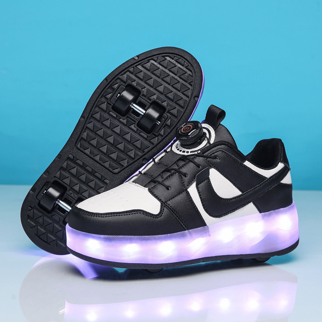 Sole view of black LED heel wheel shoes with manual wheels