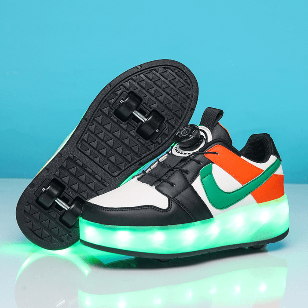 Sole view of black heel wheels shoes with green LED lights